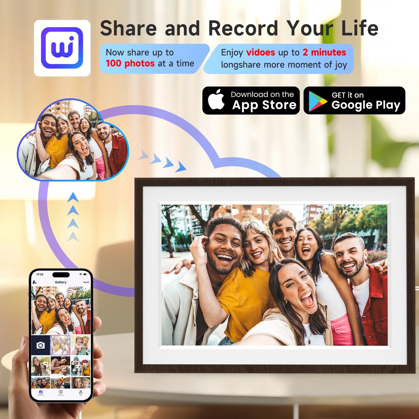 GIROOL Digital Picture Frame WiFi, Electronic Photo Frame with 10.1β IPS Smart Touch Screen, Built-in 32GB Memory, Share Anywhere via Uhale App, Perfect Gift! Woodgrain White