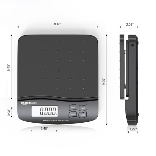 Amazon Basics Digital Postal Scale, AC Adapter, 65 lb Capacity, 0.1 oz Readability, Black