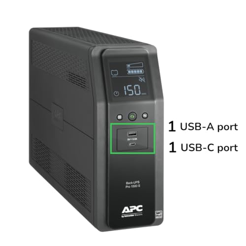 APC UPS Back-UPS Pro 1500VA Sinewave UPS, 900W Battery Backup & Surge Protector, AVR, 10 Outlets, LCD, USB-C & USB-A Charging Ports, BR1500MS2 Uninterruptible Power Supply for Computers, Electronics