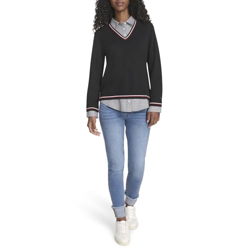 Tommy Hilfiger Women's Sportswear Layered Two-Piece Sweater Shirt, Black Multi, X-Small