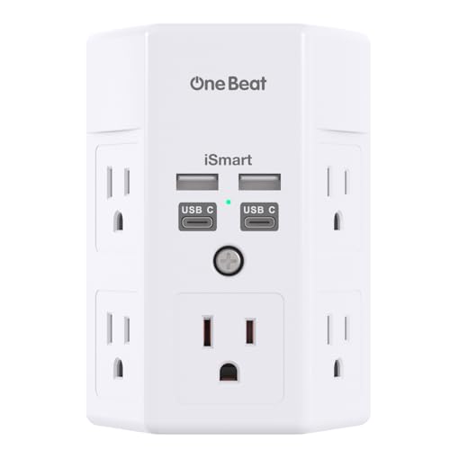 One Beat Surge Protector Wall Outlet Extender, 5 Outlets & 4 USB Ports (2 USB-C), 1680J, 3-Sided Multi Plug Outlet Adapter, Outlet Splitter, Wall Mount, ETL Listed for Home Office Travel