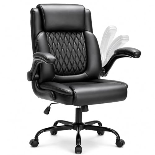 CHEJODAX Executive Desk Chair for Short & Petite Adults 5'1"-5'7", Black | Faux Leather Home Office Chair with 90° Flip-Up Armrests, 4.1" Thick Cushion, 120° Rocking, 300LBS Capacity, for Small Spaces