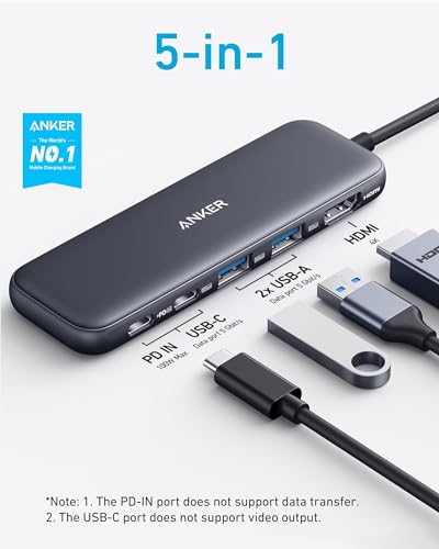 Anker 332 USB-C Hub (5-in-1) with 4K HDMI Display, 5Gbps - and 2 5Gbps USB-A Data Ports and for MacBook Pro, MacBook Air, Dell XPS, Lenovo Thinkpad, HP Laptops and More