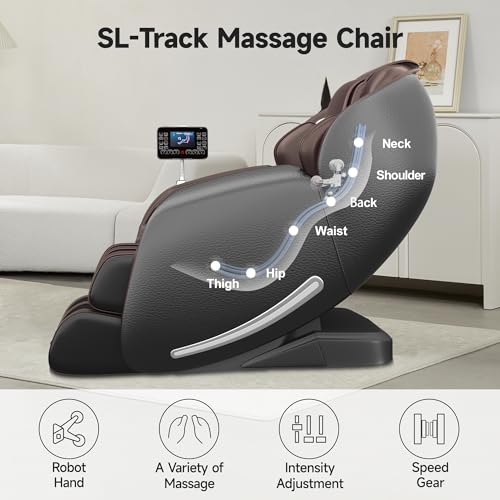 Real Relax Massage Chair, Full Body Zero Gravity SL-Track Shiatsu Massage Recliner Chair with Heat Body Scan Bluetooth Foot Roller APP Control, Favor-06 Brown