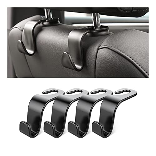 Car Back Seat Headrest Hooks, 4 Pack Black Stylish Back Seat Hanger for Car Handbag Clothes Coats Grocery Bags, Car Interior Accessories