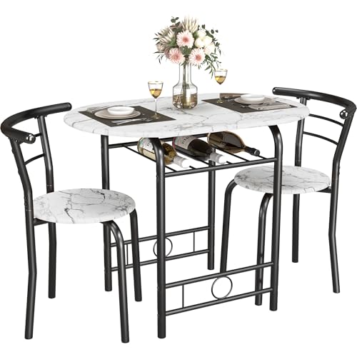 JUMMICO 3-Piece Wooden Round Table & Chair Set (White/Black) | Kitchen Breakfast Nook Wood Grain Tabletop with Metal Frame and Built-in Wine Rack for Kitchen, Dining Room