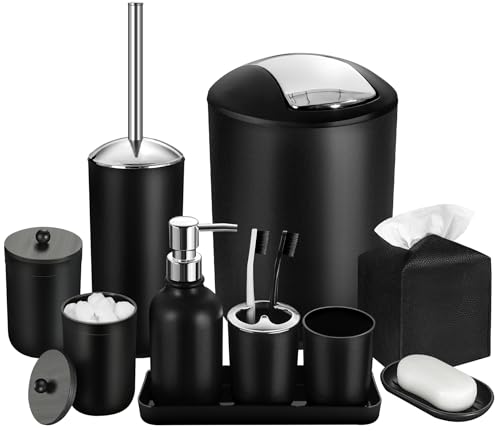 ALPIRIRAL Black Bathroom Accessories Set, 10Pcs Bathroom Accessory Set with Trash Can, Soap Dispenser and Toothbrush Holder, Soap Dish, Cotton Ball & Qtip Holder, Toilet Brush Holder, Tissue Box Cover