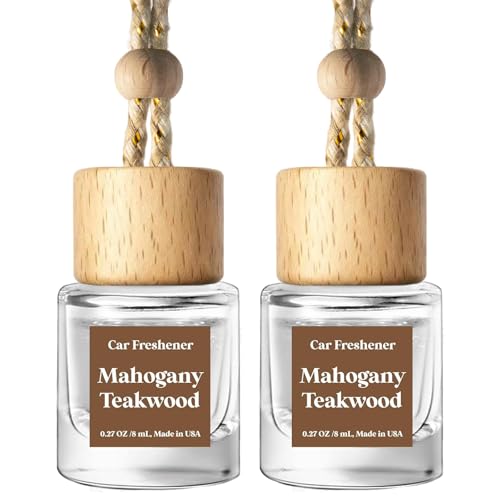 C Classy Car Air Freshener Hanging 2 Pack, Mahogany Teakwood Essential Oil Diffuser, Cute Glass Bottle, Long-Lasting Fragrance Car Accessories for Women & Men, Made in USA