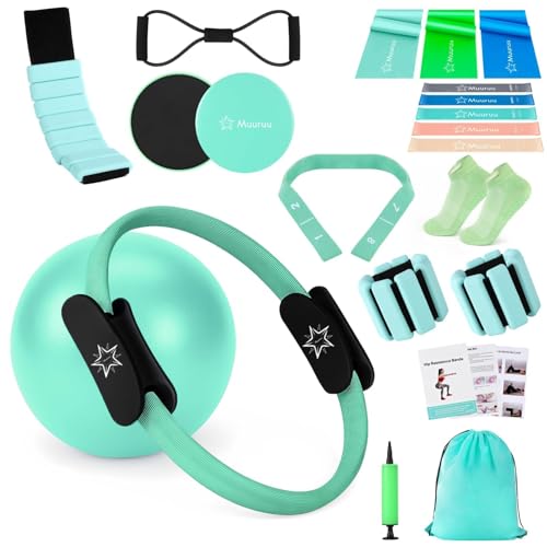 Muuruu Pilates Equipment Kit for Home Workout, Pilates Ring and Ball Set for Women, 14 Inch Magic Circle Essentials Accessories Kit, Wrist Weights, Resistance Bands, Yoga Strap, Socks, Bag Green