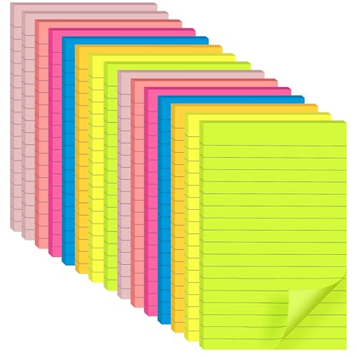 Lined Sticky Notes 4 x 6 Inches, 15 Pads, 375 Sheets Total, 7 Bright Colors, Self-Stick Note Pads with Strong Adhesive, Large Rectangular Sticky Notes for Office, Home, School & Meetings