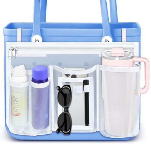 ProtectHobby Mesh Organizer for Bogg Simple Modern Bag Accessories, Phone & Cup Holder for Stanley, Insert Organizer Divider Pouch for XL Bog Beach Rubber Tote Bag, White