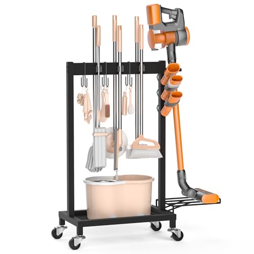 FLOUREE Broom Holder with Cleaning Supplies Organizer, 18" Wx11.8 Dx34.6 H