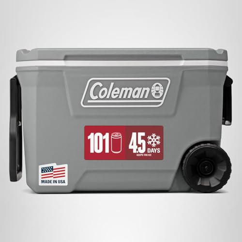 Coleman Classic Series Insulated Portable Rolling Cooler with Wheels, Leak-Resistant Outdoor Hard Cooler Keeps Ice up to 5 Days, 62-Quart