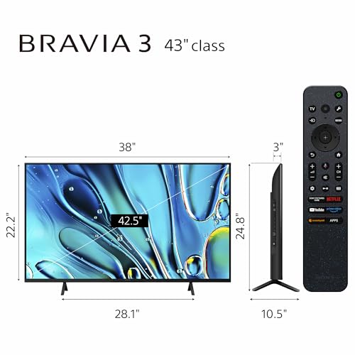 Sony 43-Inch Class 4K Ultra HD BRAVIA 3 LED Smart TV with Google TV, Dolby Vision HDR, and Exclusive Features for PlayStation®5 (K-43S30)