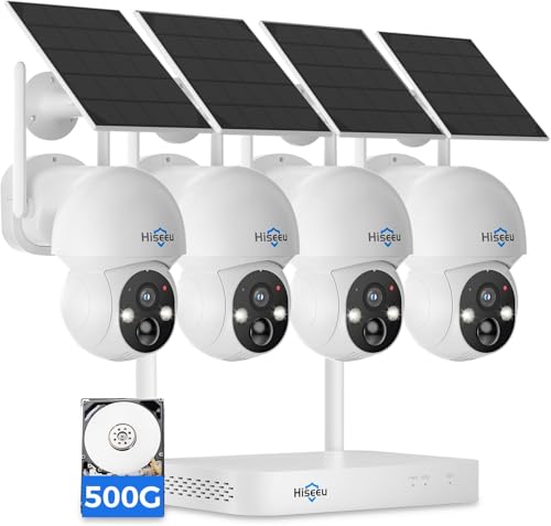Hiseeu Solar Camera Wireless Outdoor, Home Security Camera System,500GB HDD