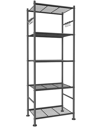 Sakugi 5-Tier Storage Rack Organizer with Hooks, Heavy Duty Metal Garage Rack with Leveling Feet, Freestanding Utility Rack for Bedroom, Balcony and Garage, Black