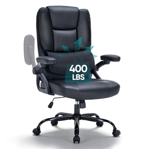 Executive Office Chair with Comfortable Lumbar Support, Ergonomic Computer Chair with 3 Way Adjustable Flip-up Armrests & High Back Adjustable Managerial Home Desk Chair, Comfy PU Leather Swive Chair