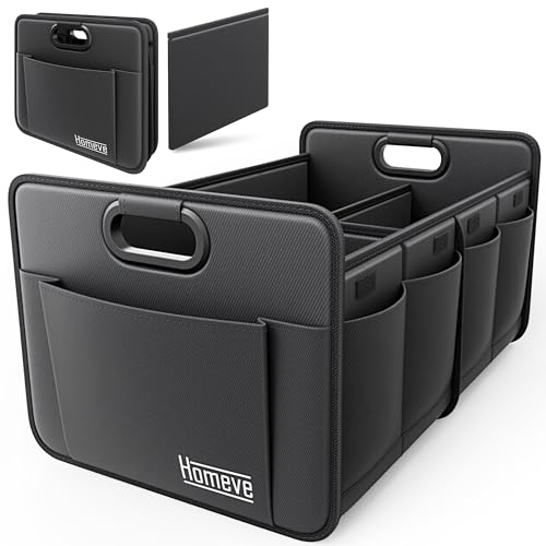 Homeve Car Trunk Organizer for SUV, 18.5Gal Large Capacity No-Sag Heavy Duty, Foldable Waterproof Anti-Slip Storage with 12 Pockets, Fit Sedan,Truck, Universal Car Accessories, Black, Large, 2 Compart