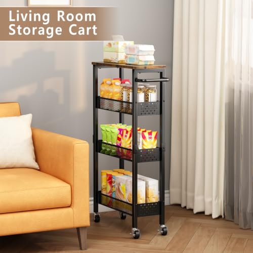 Gibyela 4-Tier Slim Utility Rolling Cart with Wheels, Wood Top, Metal | 7.1" Slim Design for Narrow Spaces, Wood Top with Metal Frame, Ideal for Laundry Room, Bathroom, Kitchen and Office