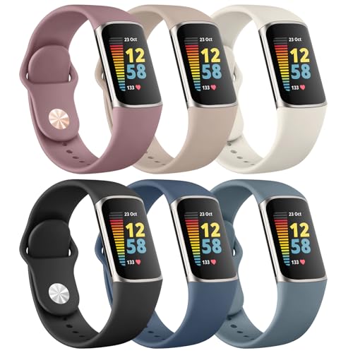 6 Pack for Fitbit Charge 6 Bands/Fitbit Charge 5 Band Women Men, Soft Silicone Waterproof Adjustable Sport Replacement Wristband Strap Compatible with Fitbit Charge 6 / Charge 5 Fitness Trackesr