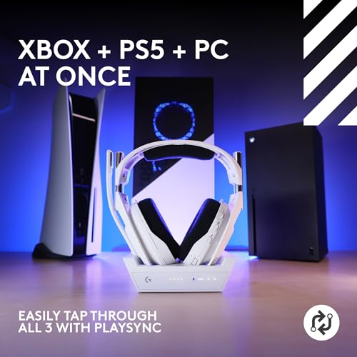 Logitech G Astro A50 X Omni-Platform Wireless Gaming Headset + Base Station for PS5, Xbox, PC: PLAYSYNC Video & Audio Switcher, HDMI 2.1 4K 120Hz VRR, <24 bit/48 kHz, 24hr Battery, 2.4GHz & BT - White