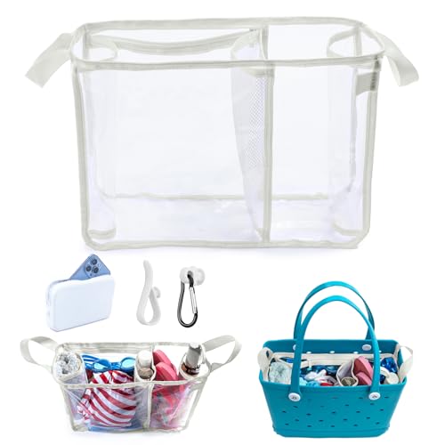 Clear Beach Bag Organizer Insert with 3pcs Accessories for Medium Bogg Bag Inserts - Beach Tote Bag Divider with Sunglasses Holder, Phone Holder and Clips Hooks - Beach Tote Insert Organizer Liner