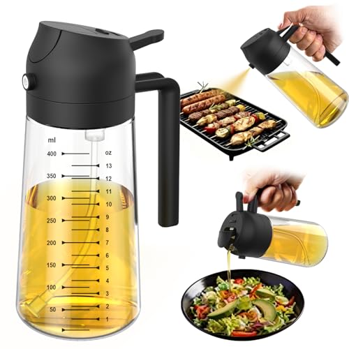 TrendPlain 16oz/470ml Glass Olive Oil Sprayer for Cooking - 2 in 1 Olive Oil Dispenser Bottle for Kitchen Gadgets and Air Fryer Accessories, Salad, BBQ - Black