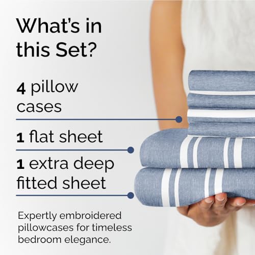 Extra Deep Queen Sheet Set - 6 Piece Breathable & Cooling Sheets - Hotel Luxury Bedding Set w/18-24 Inch Extra Deep Pockets - Easy & Secure Fit - Soft, Wrinkle Free & Comfy - Blue Stripes, Queen Size