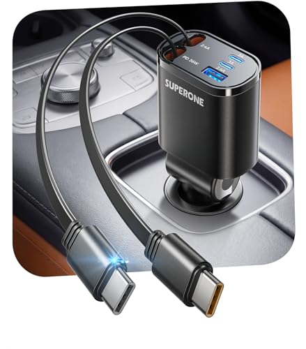 SUPERONE 90W Retractable Car Charger, Dual USB-C 5-in-1 Fast Charger, Black