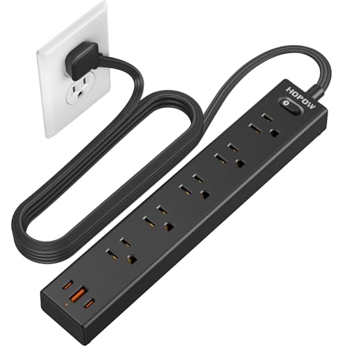HOPOW Flat Plug Power Strip, 6 Ft Ultra Thin Extension Cord, Surge Protector with 5 Outlets & 3 USB Ports (2 USB C), 1700 Joules, Wall Mount, Desktop Charging Station for Home Office Dorm, Black