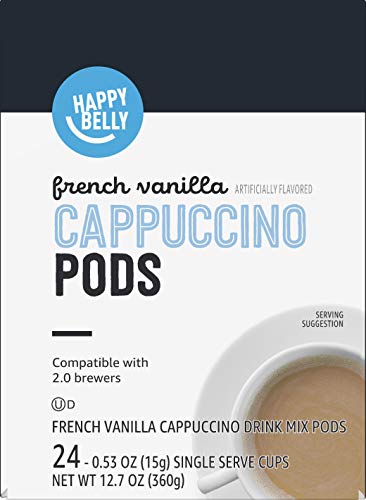 Amazon Brand - Happy Belly Cappuccino Coffee Pods Light Roast Compatible with 2.0 K-Cup Brewers, French Vanilla Flavored, 24 Count, 1.5 pound (Pack of 1)