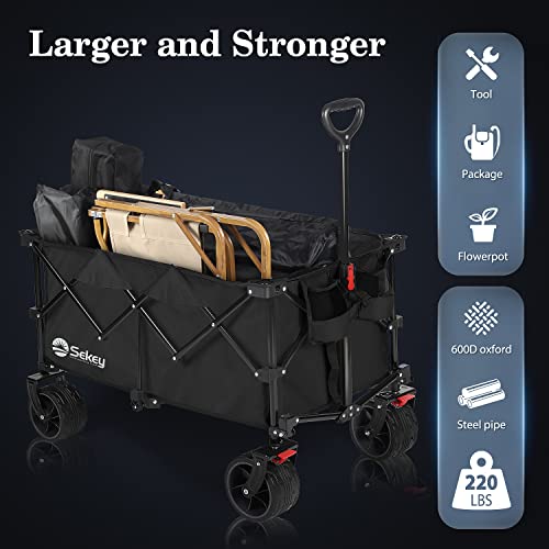 Sekey 220L Collapsible Foldable Wagon with 330lbs Weight Capacity, Heavy Duty Folding Utility Garden Cart with Big All-Terrain Beach Wheels & Drink Holders. Black