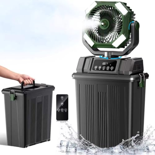 Etholzon 40000mAh Misting Fans for Outside, 15L Large Tank Portable Misting Fan, Battery Powered Outdoor Mister Fan with Remote & LED Light, Wide 270° Coverage for Camping Patio Backyard (Black Green)