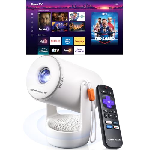 Aurzen Roku TV E1R Smart Portable Mini Projector with WiFi and Bluetooth | Roku TV Built-in, Upgraded Sound Base, DoIby Audio, Portable for Bedroom Movie with 180° Rotation Stand & Cleaning Accessories