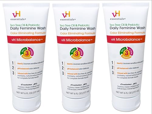 vH essentials Intimate Feminine Wash, pH Balanced with Tea Tree Oil, Cranberry, Prebiotics Odor Eliminating Formula, 6 FL OZ - 3 Pack