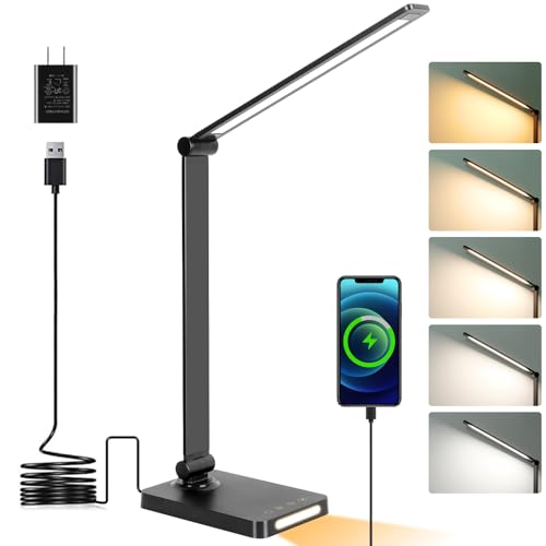 LED Desk Lamp with USB Ports,Touch Desk Lamps for Home Office with 5 Color Modes,3 Brightness Desk Light with Small Night Light,Reading Lamp Table Lamp for Bedroom Bedside Study Black (with adapter)