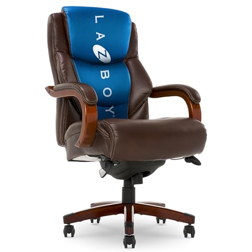 La-Z-Boy Big and Tall Executive Office Chair Lumbar Support, Leather Chair | Delano, Wood Arms Base, 350lb Capacity Home Office Chair, Memory Foam Seat Cushion, Adjustable Height & Tilt, Chestnut Brown