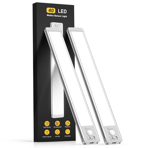 MCGOR 10inch Under Cabinet Lighting, 2 Pack Rechargeable Motion Sensor Light Indoor, 5 Levels Dimmable Magnetic Closet Lights, Wireless Under Counter Lights for Kitchen, Stairs