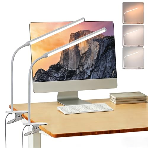 Buroraix 2 Pack LED Desk Lamp with Clamp, Desk Lamps for Home Office Three Colors Dimming, Computer Desk Monitor Light Bar Curved, Clip on Reading Accessories Lighting, Work from Home Essentials