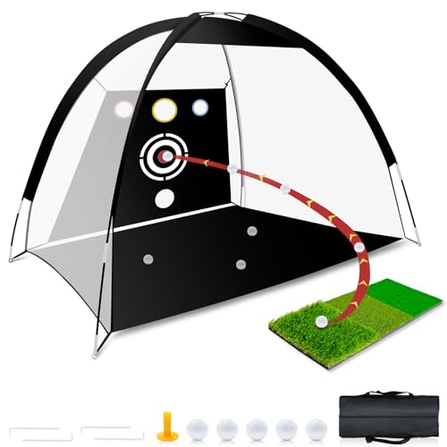 Golf Net 10x7ft - All-in-One Practice Net with Tri-Turf Mat & Target, 5 Balls & Carry Bag, Durable Backyard Driving Nets for Indoor Outdoor Swing, Gifts for Men and Golfers