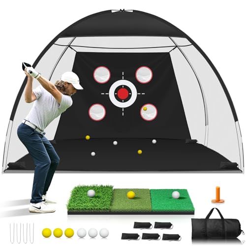 10x7FT Golf Net with Mat, Golf Practice Net for Backyard Garage Indoor Outdoor with Target Pockets for Driving Chipping Swing, for Men Women Dad Husband Golfer, Ideal Gift for Him