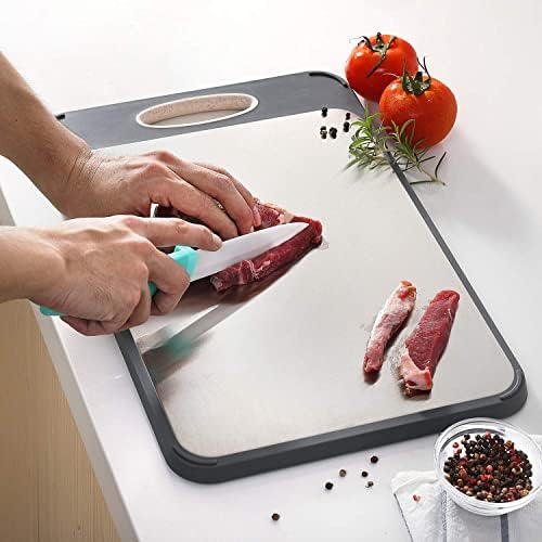 GUANCI Cutting Board for Kitchen, Stainless Steel Cutting Board Double Sided for Chopping Meat/Vegetables, Stainless Steel/Wheat Straw PP, Kitchen Gifts Easy to Clean Large 16”×11”