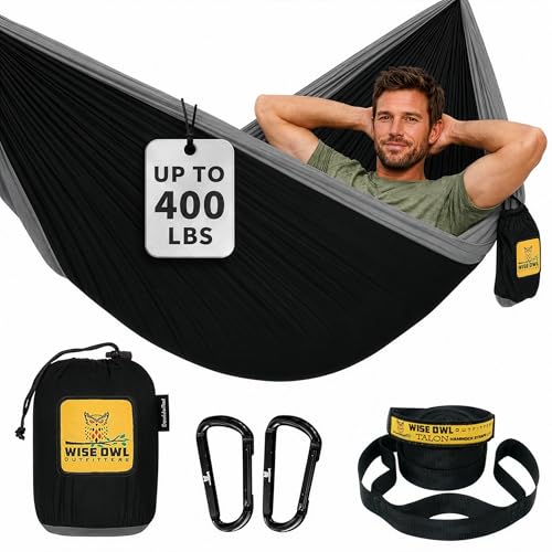 Wise Owl Outfitters Hammock for Camping Single Hammocks Gear for The Outdoors Backpacking Survival or Travel - Portable Lightweight Parachute Nylon SO Black & Grey