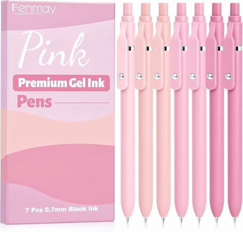 Fenmay Pink Pens Black Ink, 7 Pcs 0.7mm Fine Point Smooth Writing Gel Pens, Quick Dry & No Smudge, Cute Aesthetic Back-to-School Office School Supplies Gifts for Women & Students