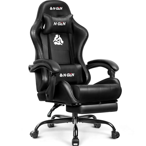 N-GEN GAMING Gaming Chair with Footrest, Lumbar, High-Back, All Black