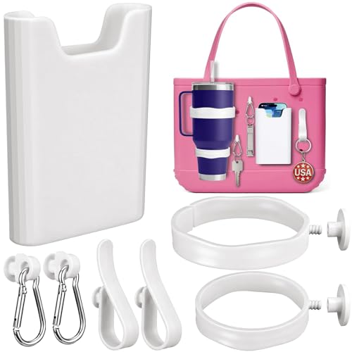 7PCS Bag Organizer Set for Bogg Bag, 2Pcs Cup Holder Compatible with Stanley, Slicone Phone Holder, 2 Hooks and 2 Key Holders, Beach Tote Accessories Compatible with Bogg Bag & Simple Modern (White)