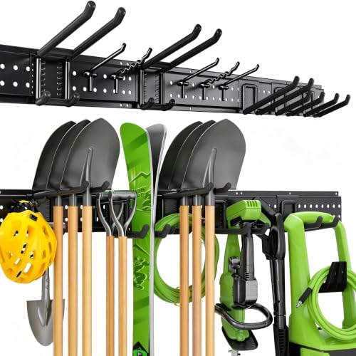 HOLDRAIS Garage Tool Organizer Wall Mount, 49.5 Inch Heavy Duty Garage Organization System with 10 Adjustable Hooks, Garden Tool Storage Rack for Garage, Yard & Shed, Holds Up to 400 lbs
