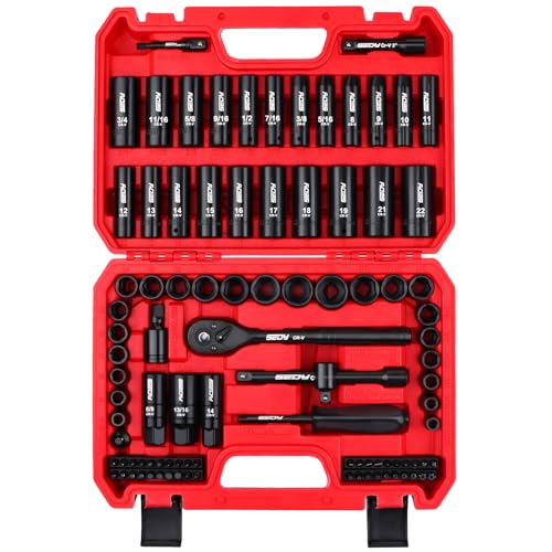 96-Piece 3/8" Drive Impact Socket Wrench and Bit Set, SAE 5/16"-3/4" & Metric 8-22mm, Cr-V Standard & Deep Sockets, Power Bits, Ratchet Handle, Universal Joint, Bit Holder, Adapters, Spark Plug Socket