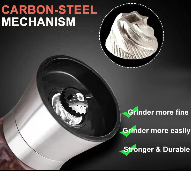 Ebaco Professional Pepper Grinder - with Germany Hardened Carbon Steel Mechanism Rotor, Refillable Pepper Mill 6OZ Glass Adjust Coarseness (1PCS-Sliver-304)