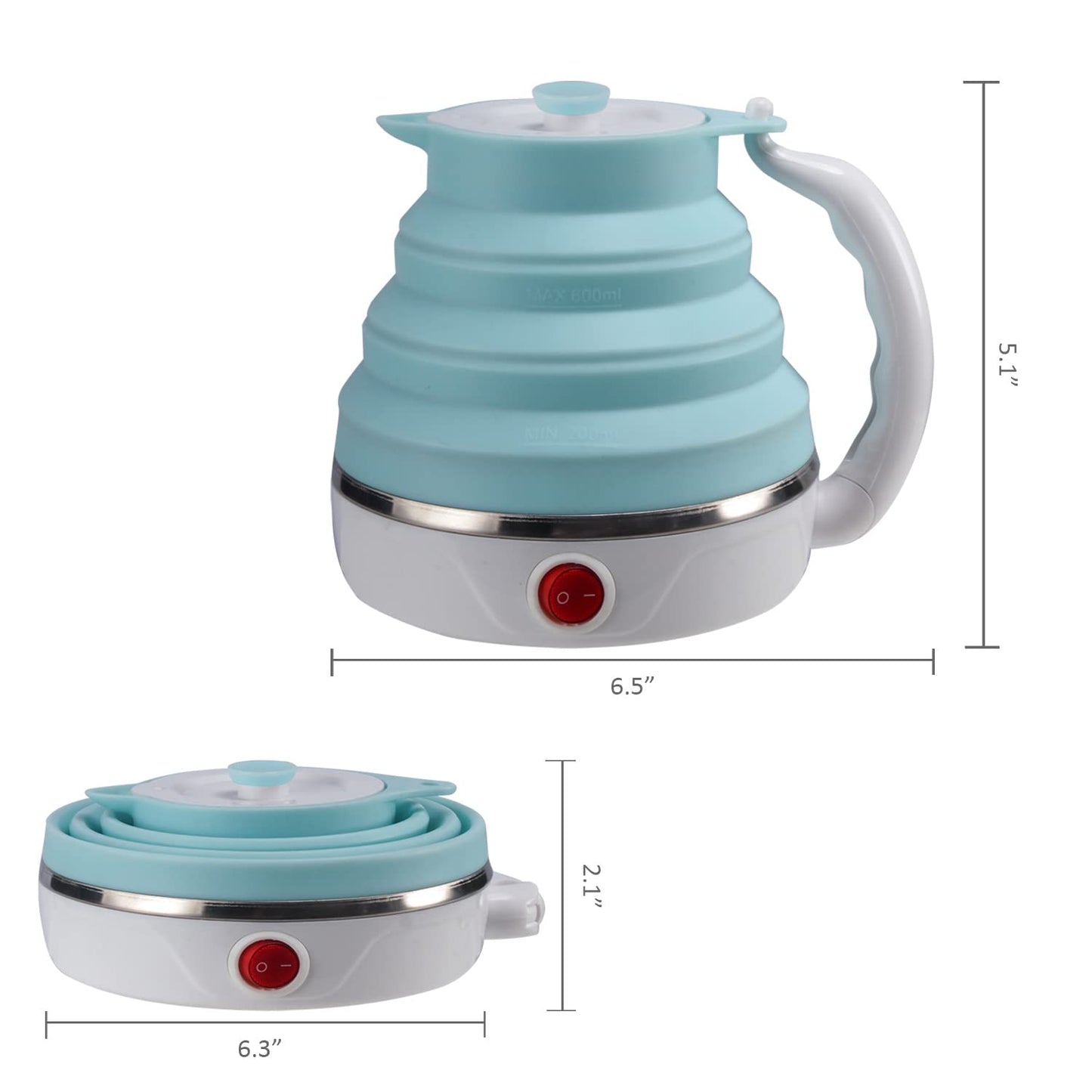 Travel Foldable Electric Kettle, Collapsible Food Grade Silicone Small Kettle Boiling water,Dual Voltage(600ml,110-220V US Plug) (Blue)